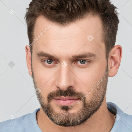 Neutral white adult male with short  brown hair and brown eyes