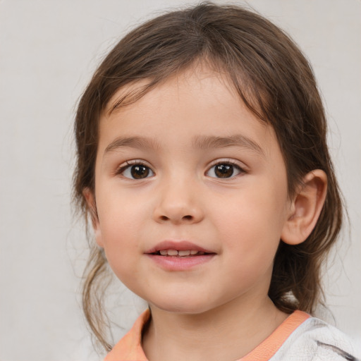 Joyful white child female with medium  brown hair and brown eyes