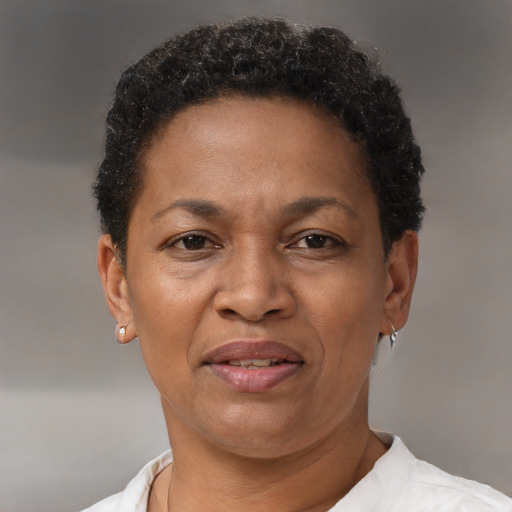 Joyful black adult female with short  brown hair and brown eyes