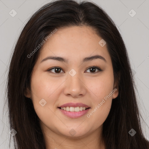 Joyful white young-adult female with long  brown hair and brown eyes