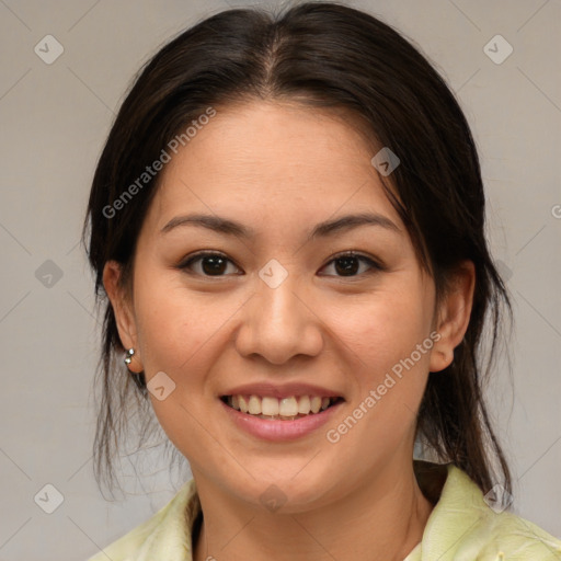 Joyful white young-adult female with medium  brown hair and brown eyes