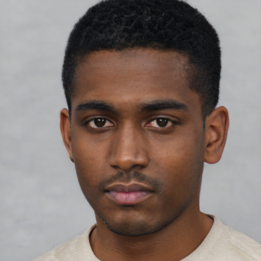 Neutral black young-adult male with short  black hair and brown eyes