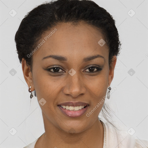 Joyful black young-adult female with short  brown hair and brown eyes