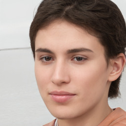 Neutral white young-adult female with short  brown hair and brown eyes