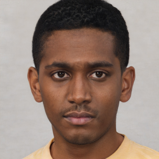 Neutral black young-adult male with short  black hair and brown eyes