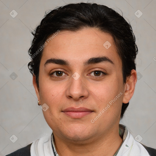 Joyful white young-adult female with short  brown hair and brown eyes