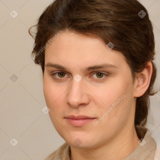 Neutral white young-adult female with short  brown hair and brown eyes