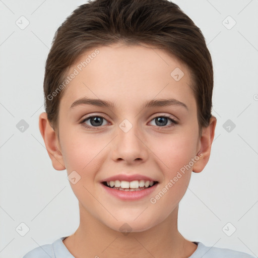 Joyful white child female with short  brown hair and brown eyes