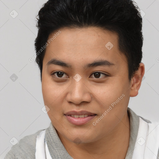 Joyful asian young-adult female with short  brown hair and brown eyes