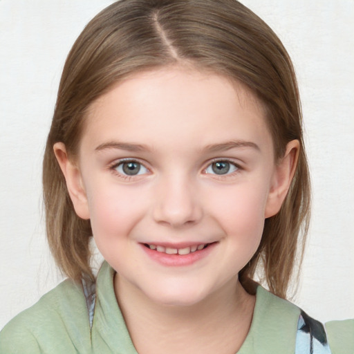 Joyful white child female with medium  brown hair and blue eyes