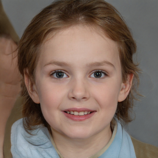 Joyful white child female with medium  brown hair and brown eyes