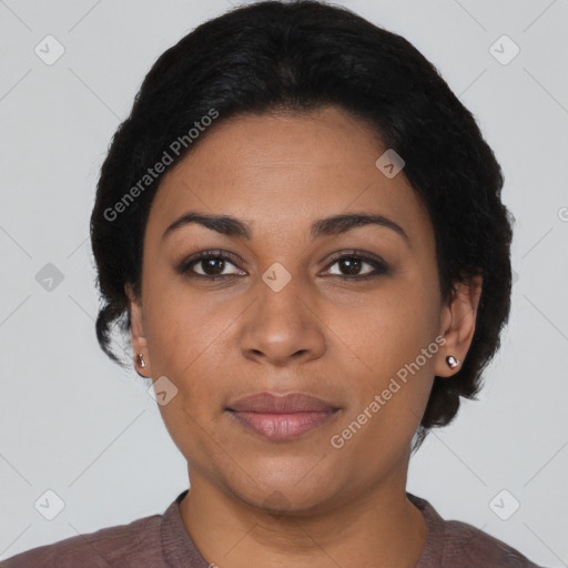 Joyful latino young-adult female with short  black hair and brown eyes