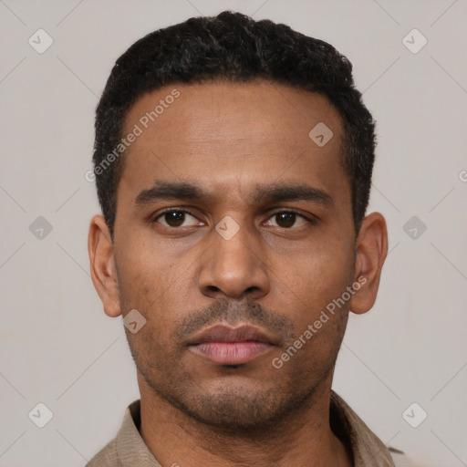 Neutral latino young-adult male with short  black hair and brown eyes