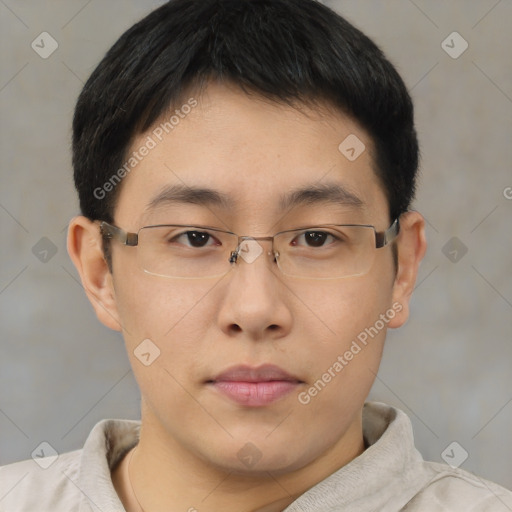 Neutral asian young-adult male with short  brown hair and brown eyes