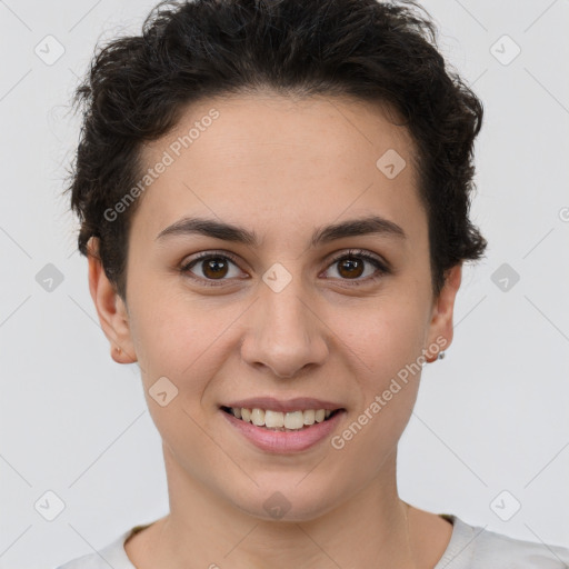 Joyful white young-adult female with short  brown hair and brown eyes