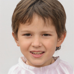 Joyful white child female with short  brown hair and brown eyes