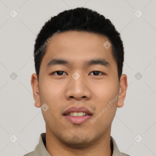 Neutral asian young-adult male with short  black hair and brown eyes