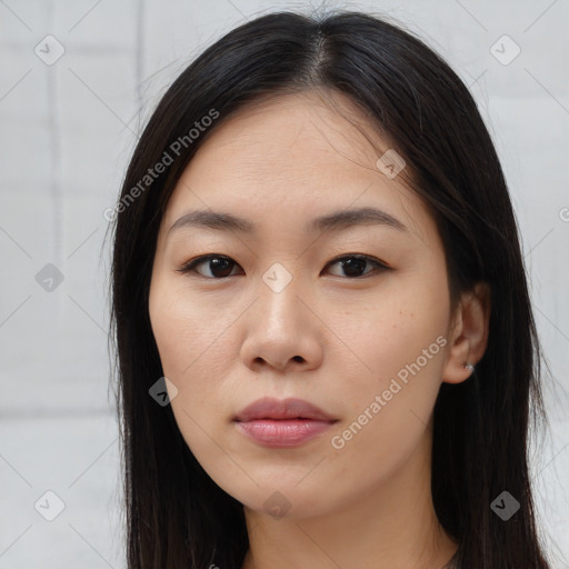 Neutral asian young-adult female with long  brown hair and brown eyes