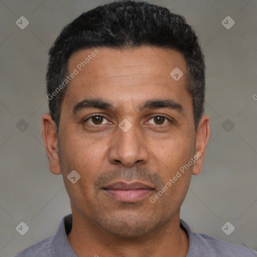 Neutral latino adult male with short  black hair and brown eyes