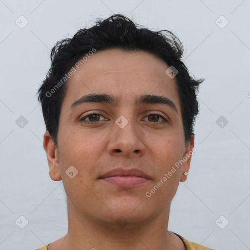 Neutral latino young-adult male with short  brown hair and brown eyes