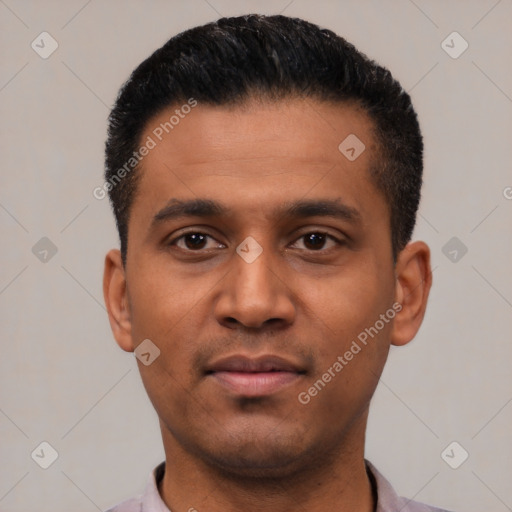 Neutral latino young-adult male with short  black hair and brown eyes