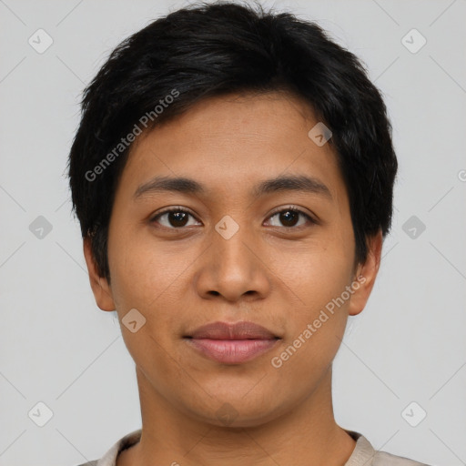 Joyful asian young-adult male with short  brown hair and brown eyes