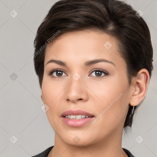 Joyful white young-adult female with medium  brown hair and brown eyes