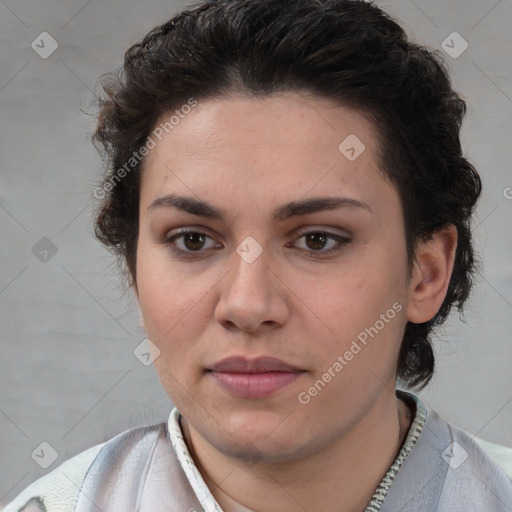 Neutral white young-adult female with short  brown hair and brown eyes