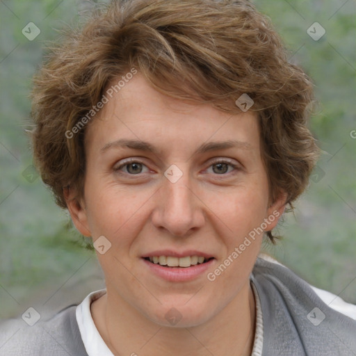 Joyful white adult female with short  brown hair and brown eyes