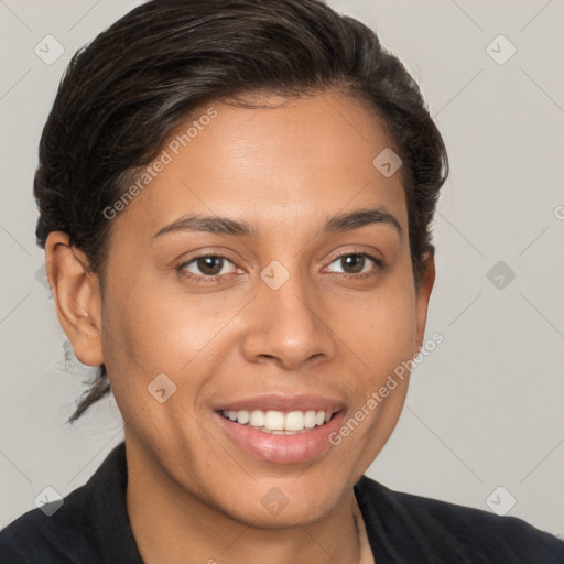 Joyful white young-adult female with short  brown hair and brown eyes