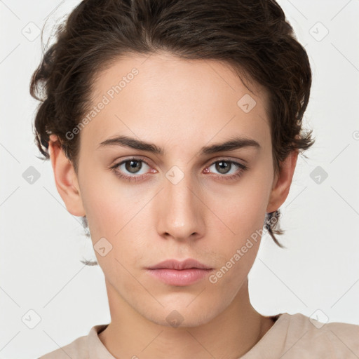 Neutral white young-adult female with medium  brown hair and grey eyes