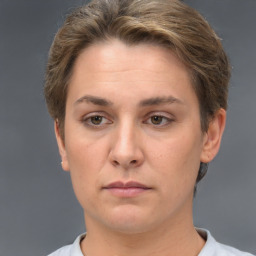 Neutral white adult female with short  brown hair and brown eyes