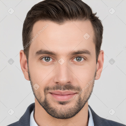 Joyful white young-adult male with short  brown hair and brown eyes