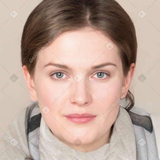 Neutral white young-adult female with medium  brown hair and blue eyes