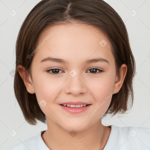 Joyful white child female with medium  brown hair and brown eyes