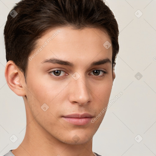 Neutral white young-adult male with short  brown hair and brown eyes