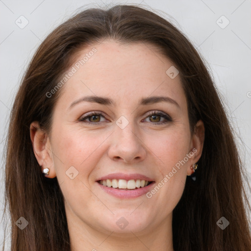 Joyful white young-adult female with long  brown hair and grey eyes