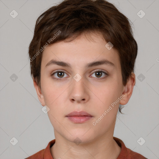 Neutral white young-adult female with short  brown hair and brown eyes