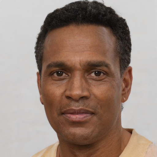 Neutral black adult male with short  brown hair and brown eyes