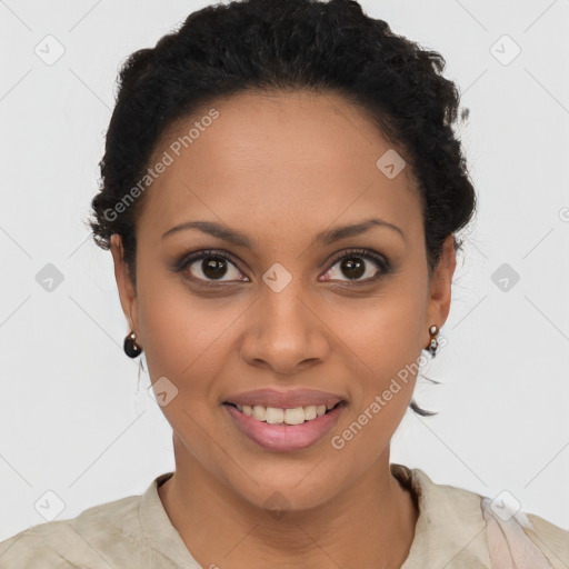 Joyful latino young-adult female with short  brown hair and brown eyes