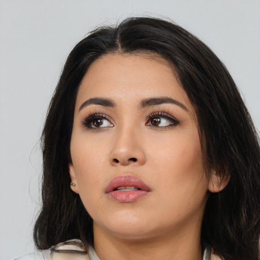 Neutral asian young-adult female with long  black hair and brown eyes
