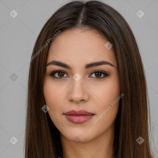 Neutral white young-adult female with long  brown hair and brown eyes