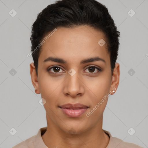 Neutral latino young-adult female with short  black hair and brown eyes