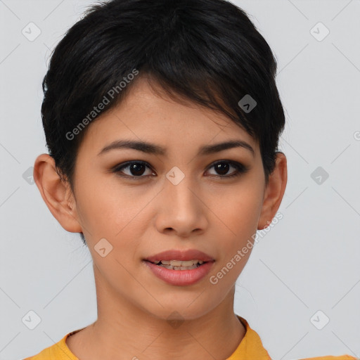 Joyful asian young-adult female with short  black hair and brown eyes
