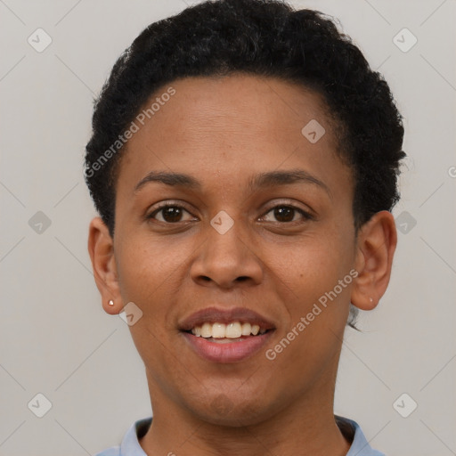 Joyful latino young-adult female with short  brown hair and brown eyes