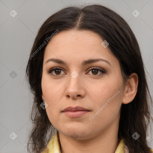 Neutral white young-adult female with medium  brown hair and brown eyes