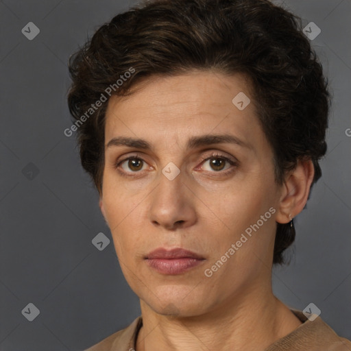 Neutral white adult female with short  brown hair and brown eyes