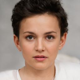 Neutral white young-adult female with short  brown hair and brown eyes