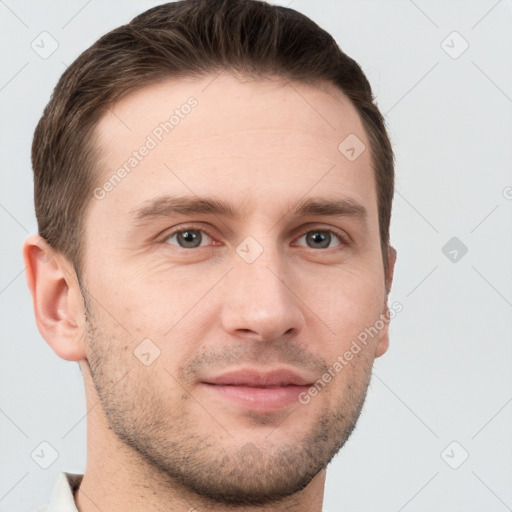 Neutral white young-adult male with short  brown hair and grey eyes