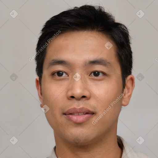 Neutral asian young-adult male with short  black hair and brown eyes